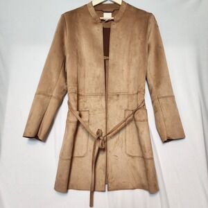 H&M Faux Suede Belted Open Front Trench Coat Jacket Tan Brown Size Medium